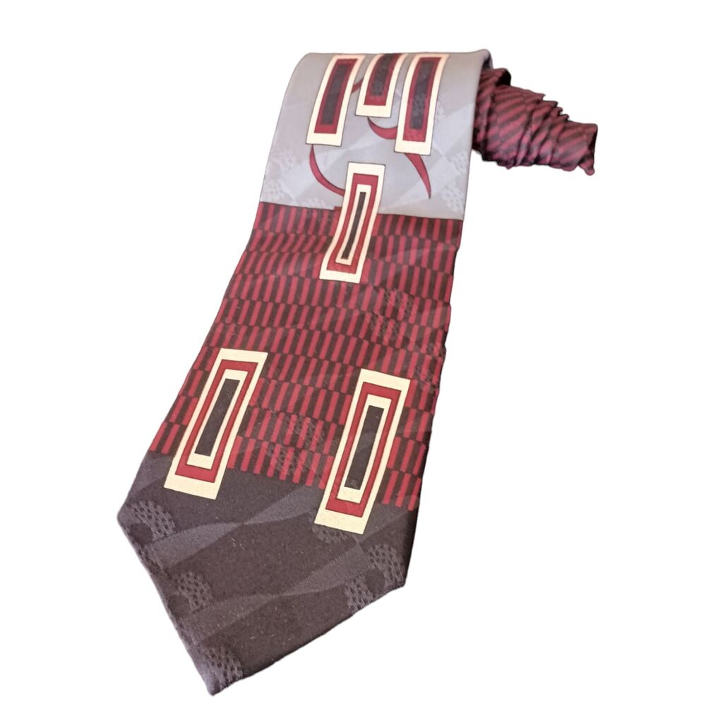 Vintage Men's Tie Screenplay Martin Wong Silk Necktie Red Silver Gray Geometric